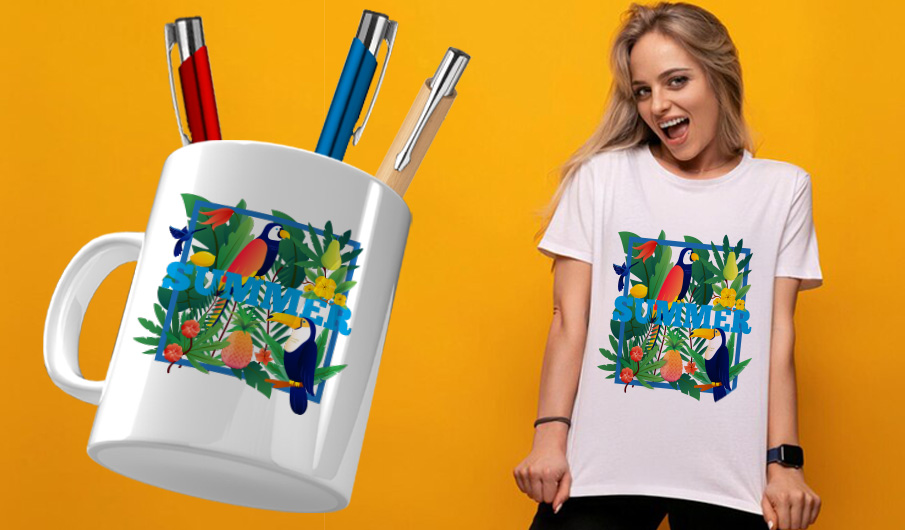 jeune femme en tshirt blanc imprimé personnalisé et des objets publicitaires tshirt tasse mug et stylos imprimés personnalisés